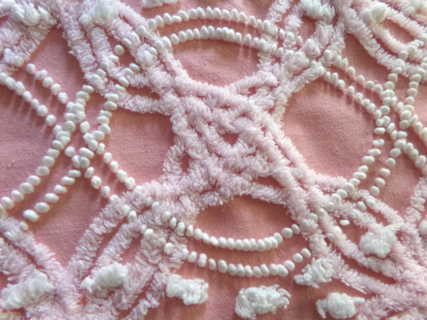 infinity links vintage chenille fabric, beautiful rose pink pearl pop design, 21" x 18" piece of cotton sewing material for pillows & quilts
