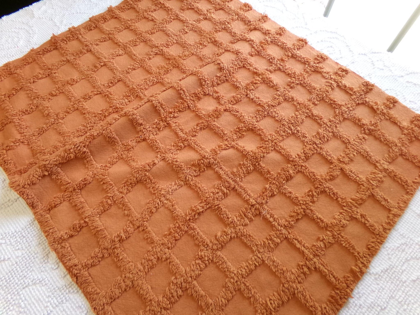 nutmeg pumpkin spice chenille fabric, 20" x 24" boho vintage style sewing material for quilts, crafts in simple windowpane tufted design