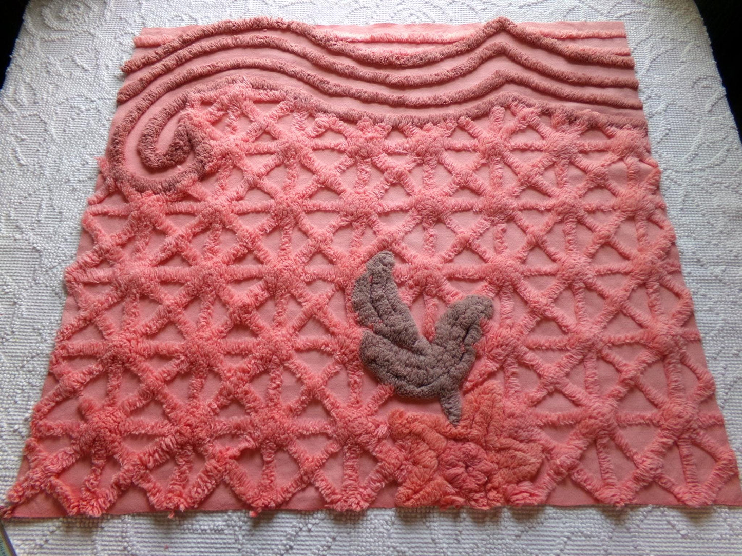 unique vintage chenille fabric panel in twinkle starburst pattern, nostalgic sewing material for quilts & pillows, 23" x 20" inch piece