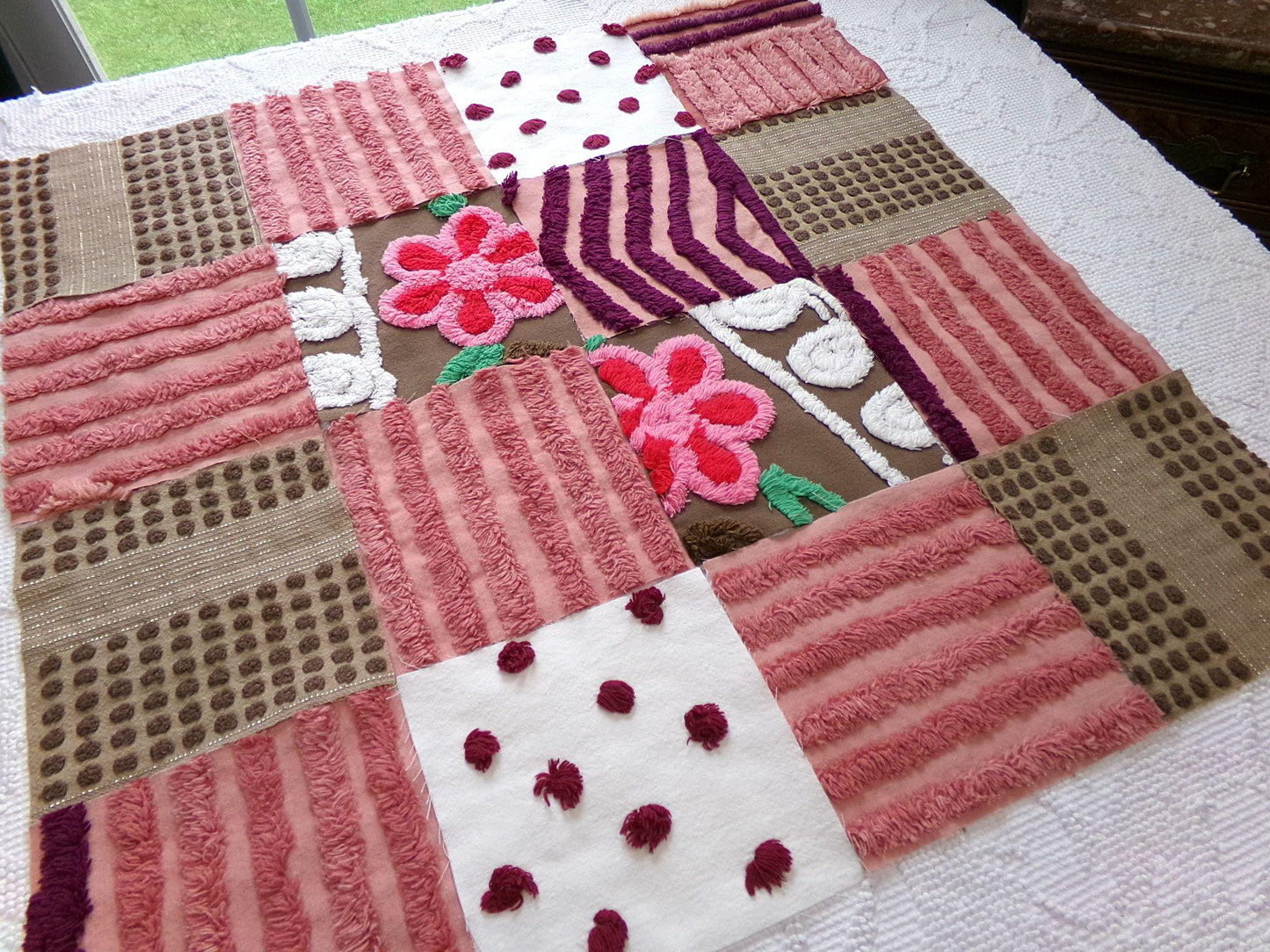 chocolate cake vintage chenille fabric squares, set of 16 yummy 6" craft blocks in brown & mauve pink for quilt inlays, pillows, fiber arts