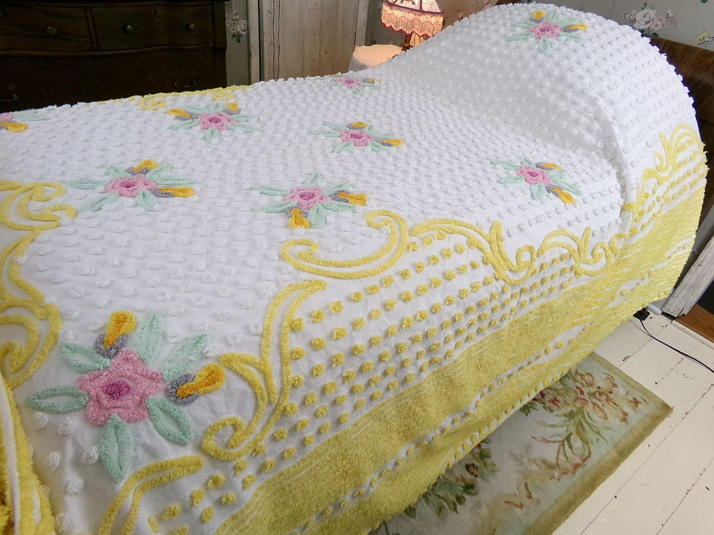 cottage charm vintage chenille bedspread, summer flowers, white dots & golden yellow accents, full size bedding