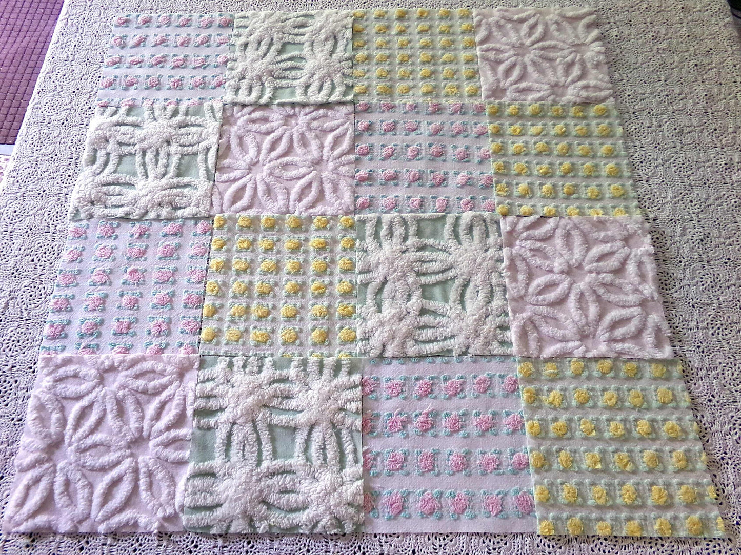 spring medley vintage chenille fabric squares, set of 16 pretty 6" quilt blocks, yellow & pink rosebud, daisy flower, white, mint green