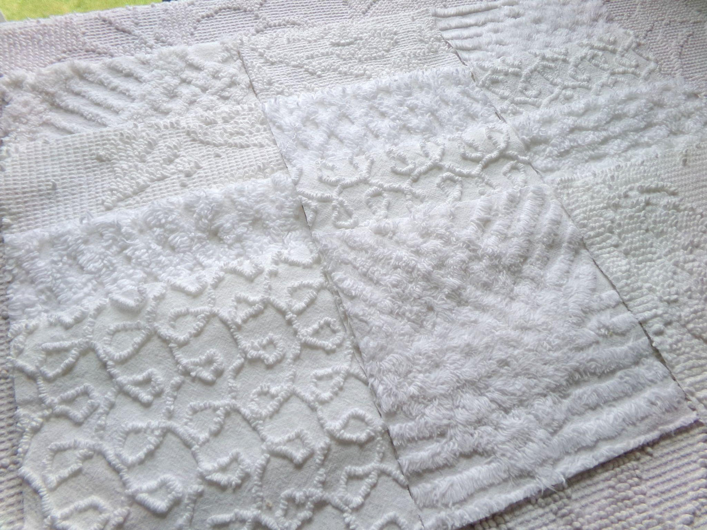 white vintage 6" chenille squares, set of 12 quilt blocks in a classic selection of popular patterns for sewing & crafts