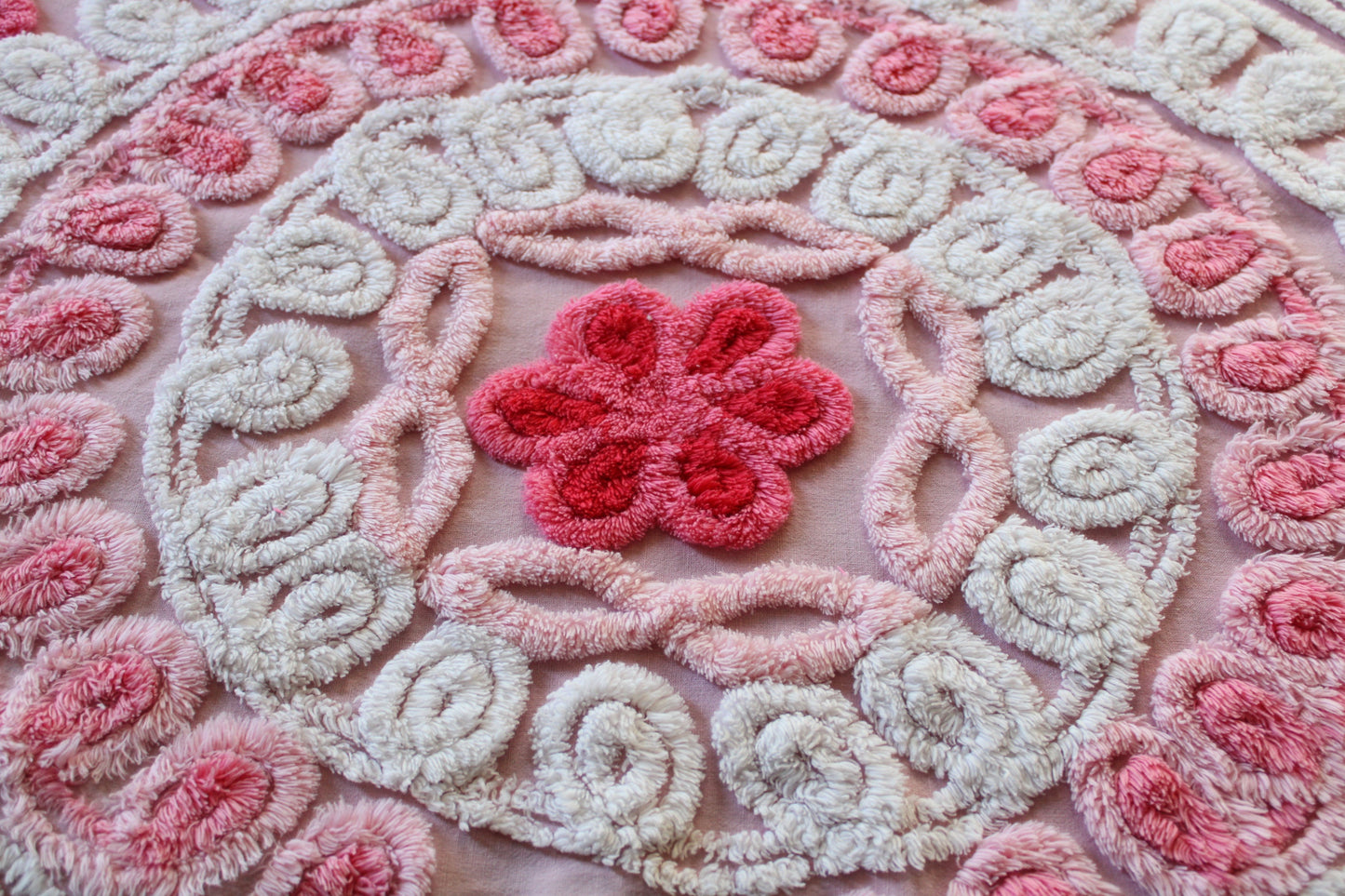 Yummy Strawberry Cake Vintage Chenille FABRIC, 32" x 17" Inch Piece, Swirls & Twirls of Frosted Tufts