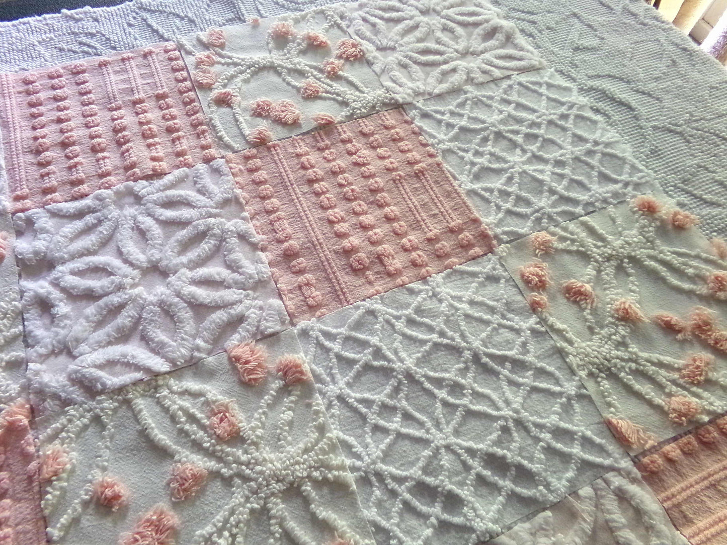 Chenille Fabric Squares Set, "Charmed", 16 Vintage Quilt Blocks, 6" inch in Pinks & White