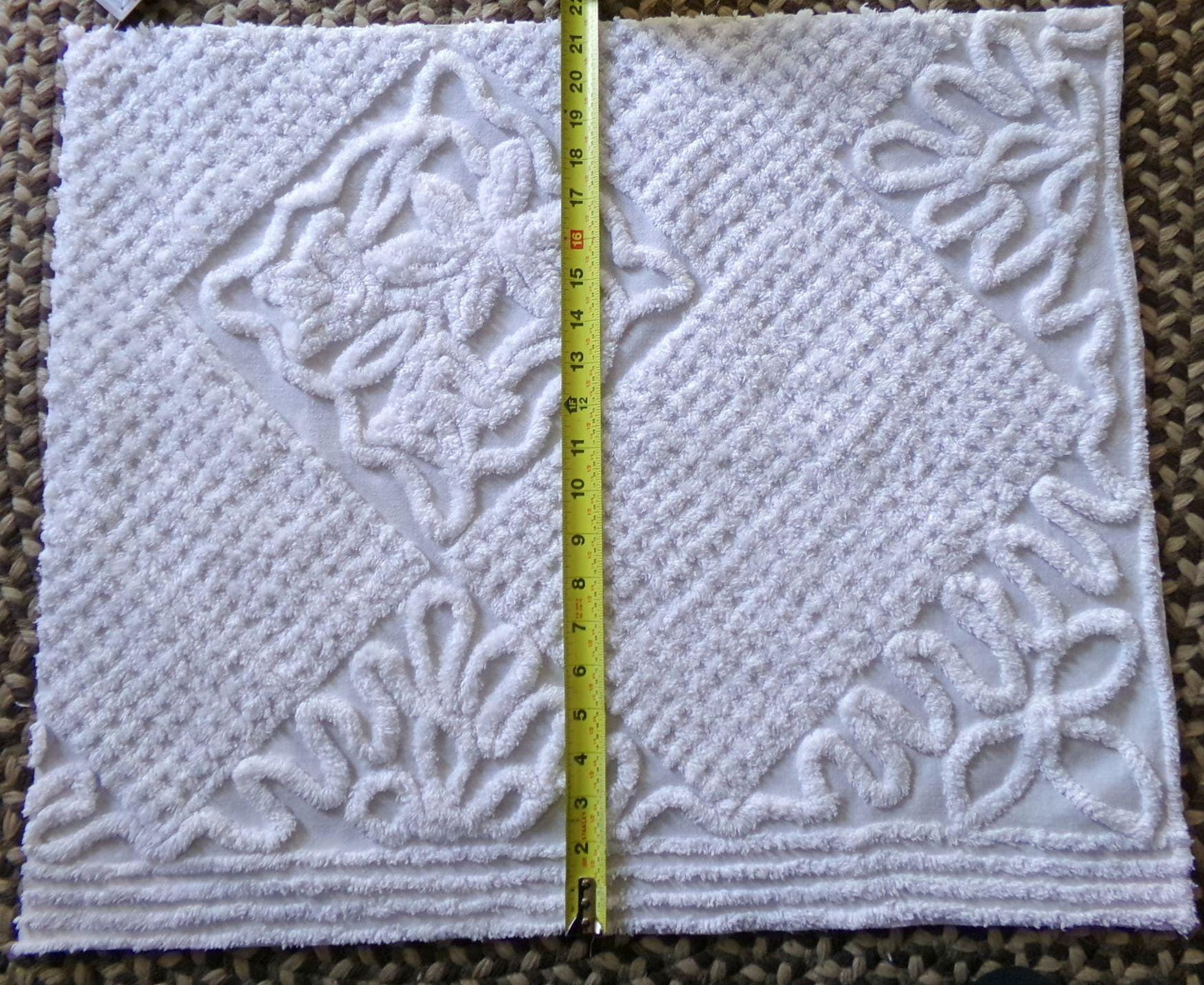 soft white lily chenille fabric, elaborate squiggle floral grid design, 20" x 25" inch piece shabby vintage cotton sewing & quilt material