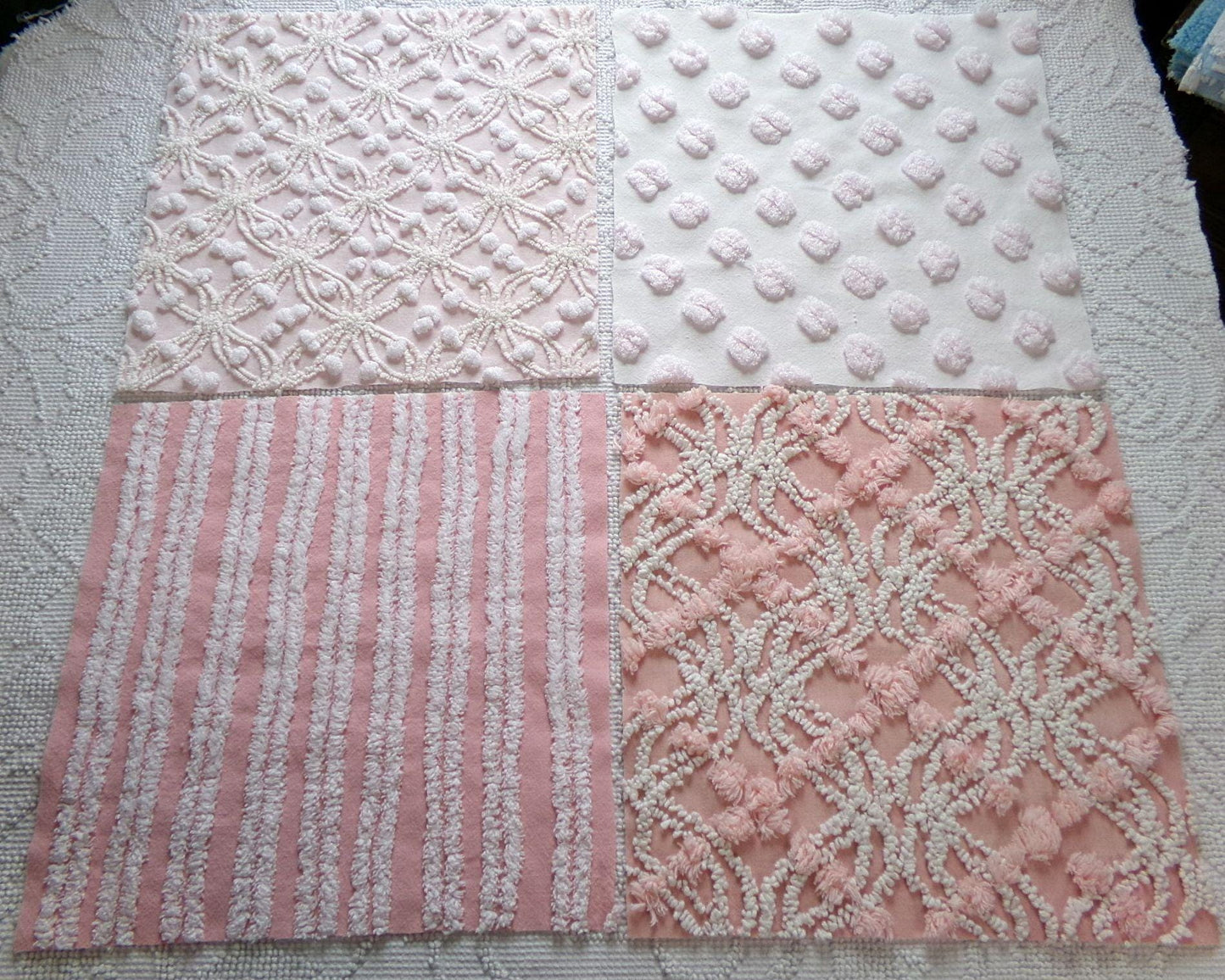 love pink chenille fabric squares, set of 4 texturized vintage large quilt blocks 12" inches ea, spider ring, pops, stripes, infinity tuft