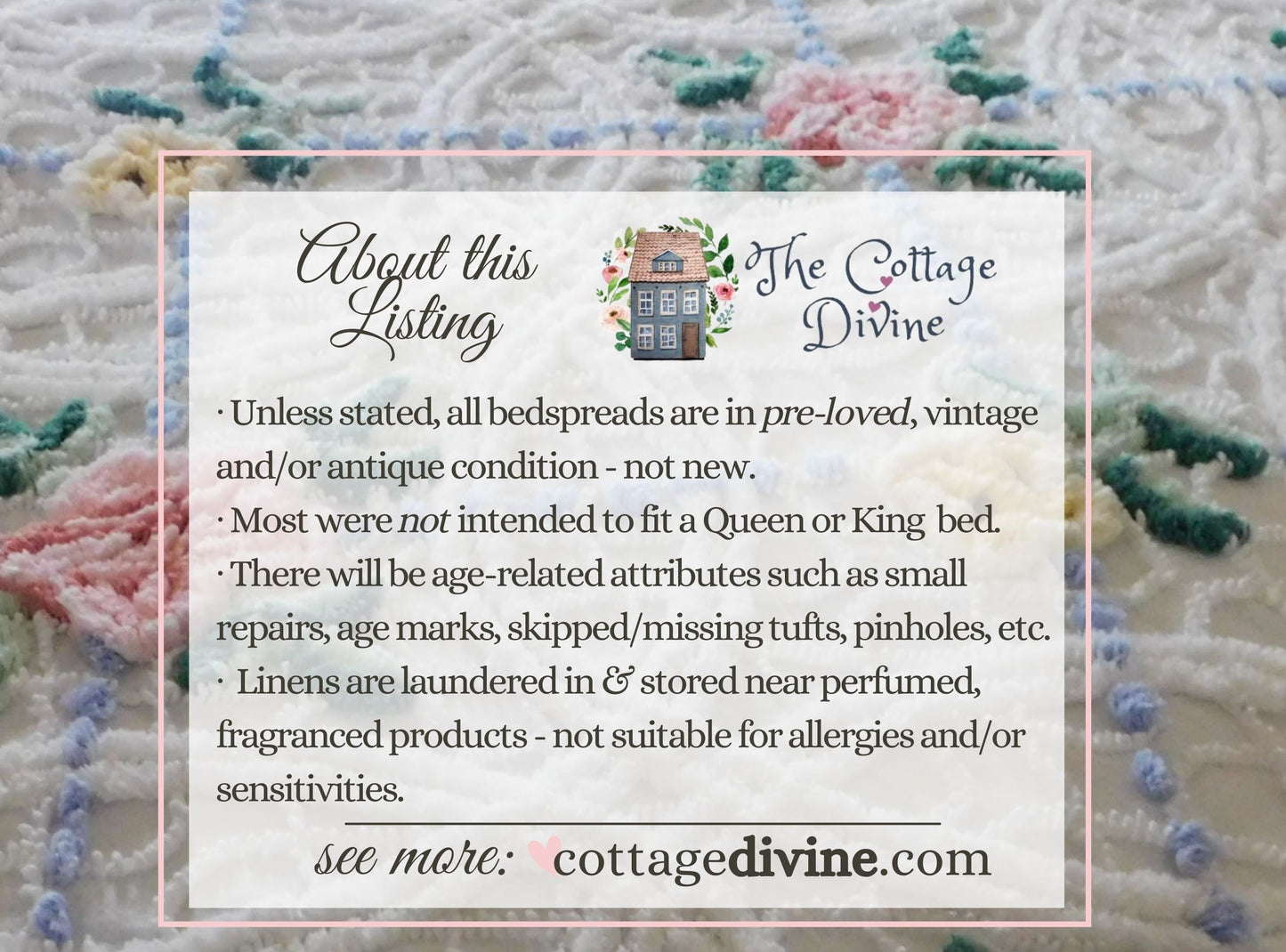 Coastal Bedding Floral White Vintage Chenille Bedspread, Full Size, Shabby Summer Cottage Style