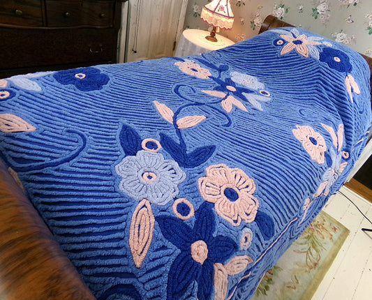galactic blue floral vintage chenille bedspread, stunning large flowers, full size bedding