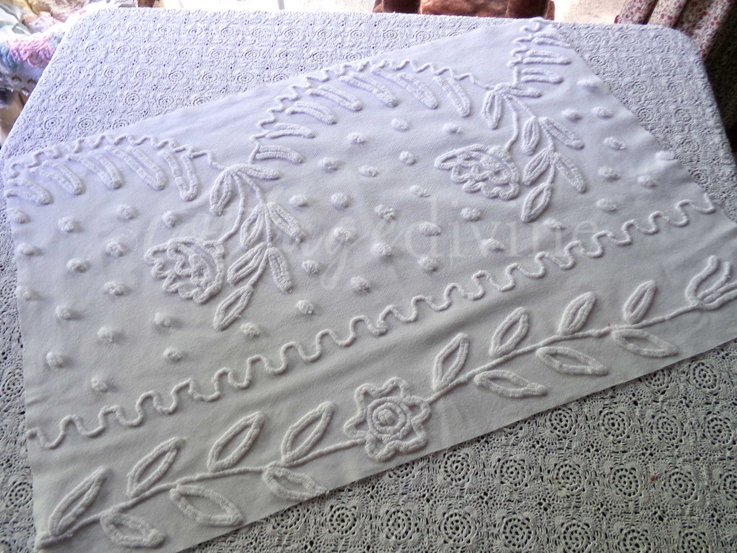 Lily White Dot Vintage Chenille Fabric Piece, 19" x 27" inches, Beautiful Farmhouse Style