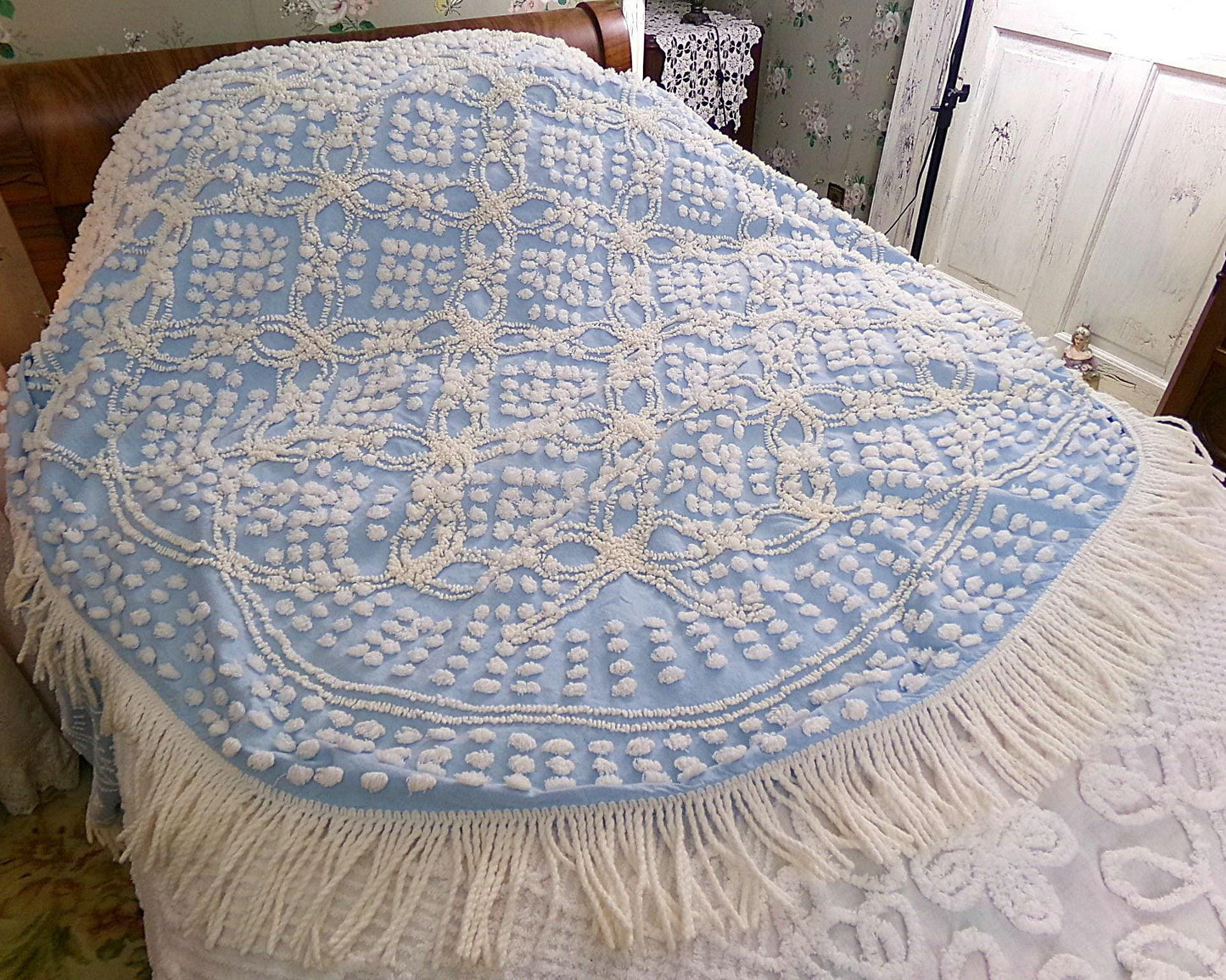 beach cottage blue vintage chenille bedspread, shabby tufted geometric pattern, 100% cotton twin size summer coverlet with fringe