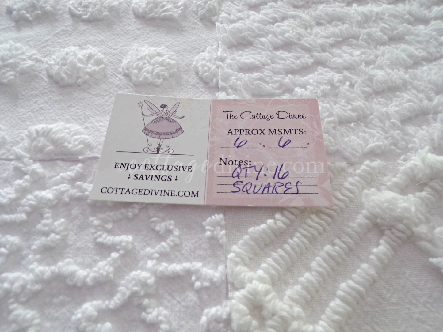 Chenille Quilt Squares Set, "Timeless White," from Vintage Bedspread Fabric, 16 Blocks, 6" inch