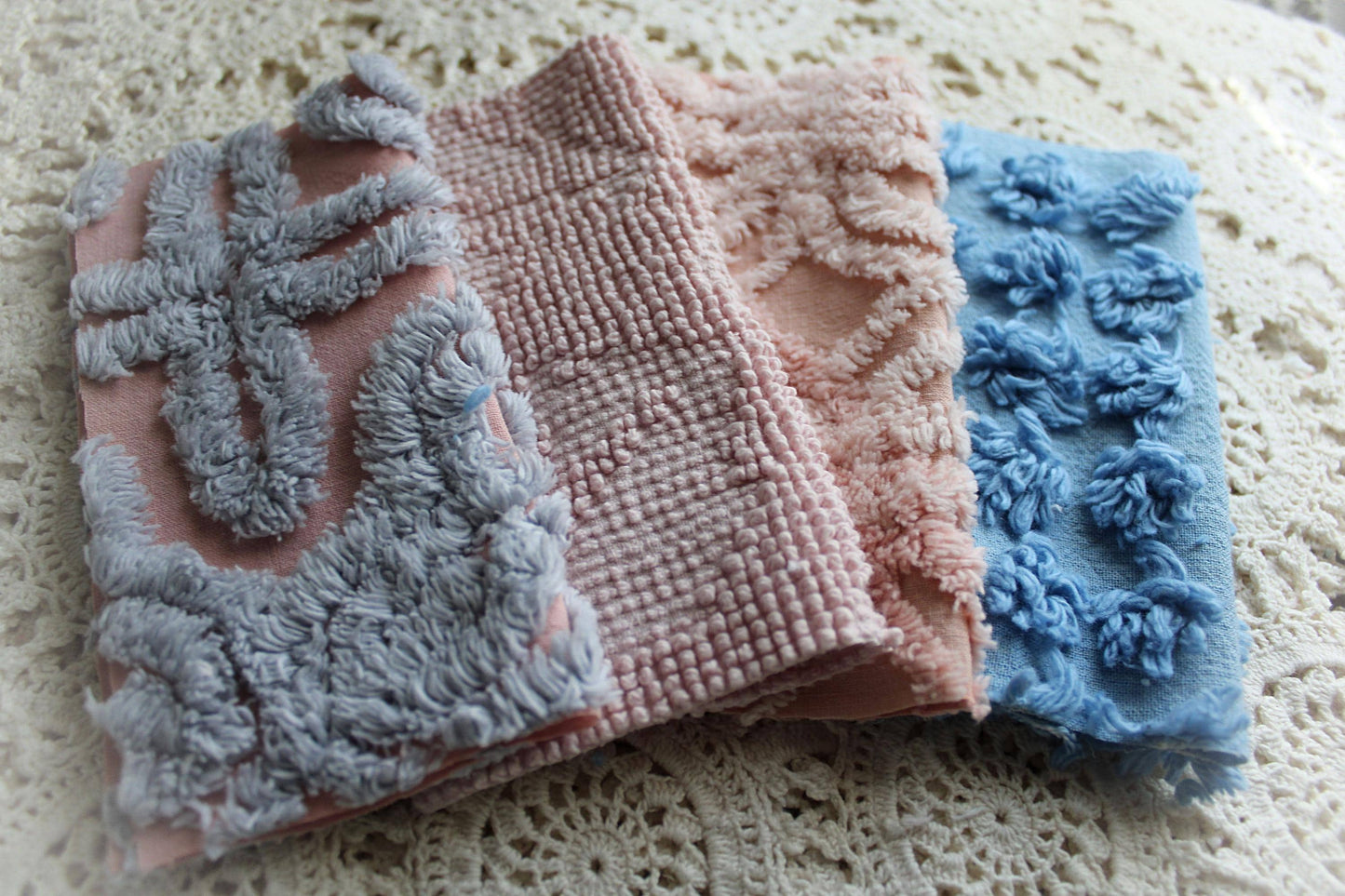 starry twilight chenille fabric squares, set of 16 vintage quilt blocks 6" inches ea, dreamy serene blue, rose mist, pink shades