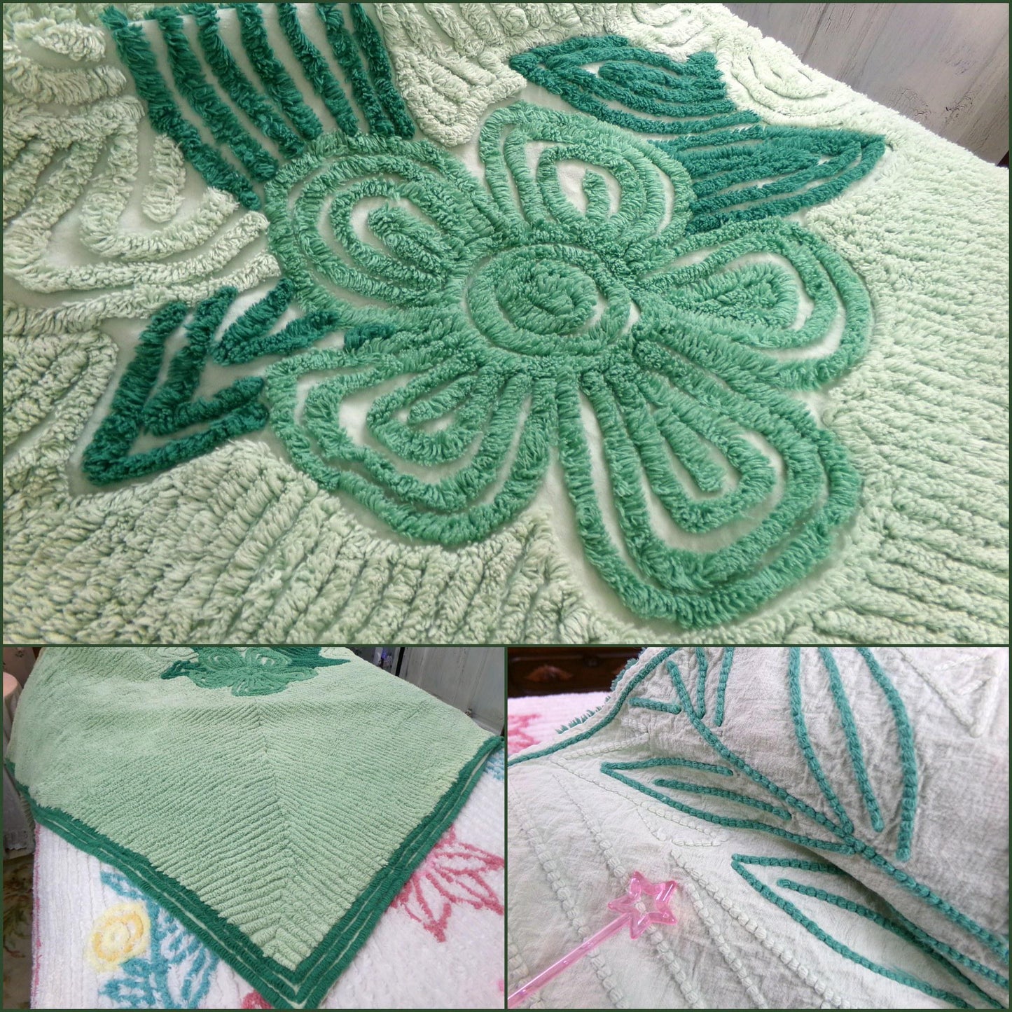 Vintage Heavyweight Chenille Bedspread Hawaiian Tropical Green Hibiscus Flowers, Plush Full Sz