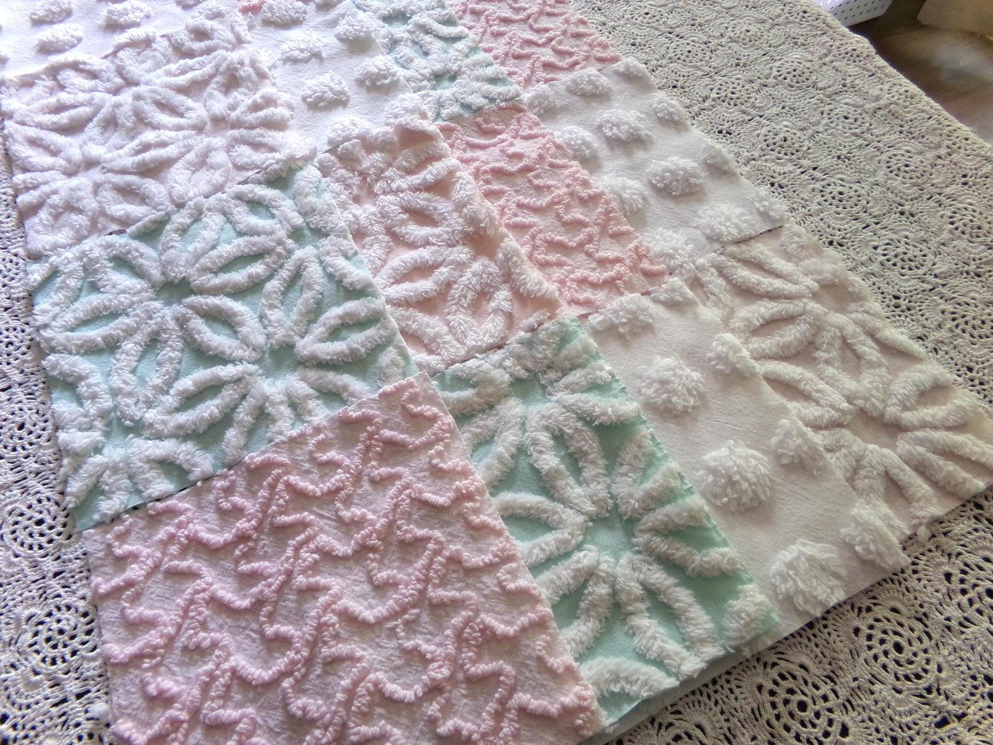 Beautiful Aqua & Pink Chenille Quilt Squares Set from Vintage Bedspread Fabric, 16 Blocks, 6" x 6" inch, Daisy, Squiggle, Polka Dot Patterns
