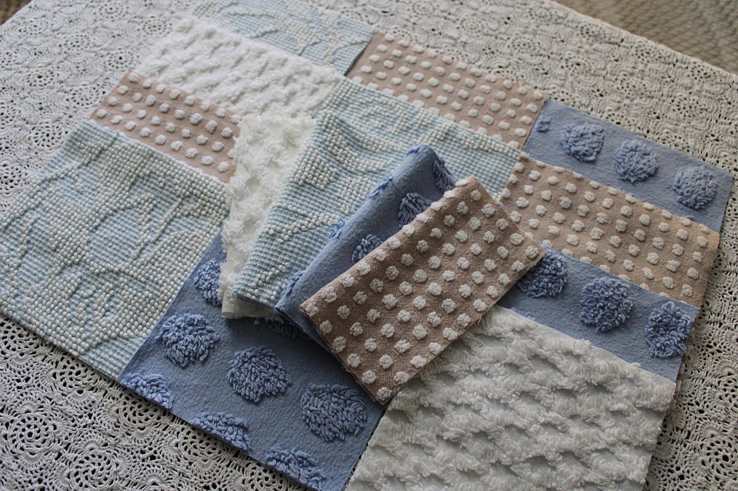 Serene Shores Vintage Chenille Fabric Squares, Blue, White & Sand Craft Square Set, 16 Blocks, 6" x 6" inch, Modern Chic