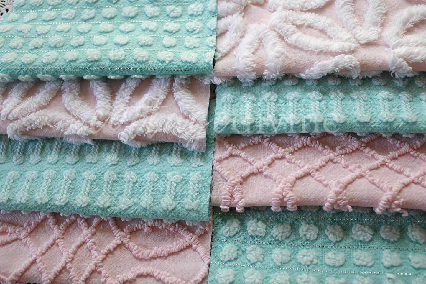 Pink & Aqua Chenille Quilt Squares Set, Rotary Cut from Vintage Chenille Bedspread Fabric, 16 Blocks, 6" x 6" inch each