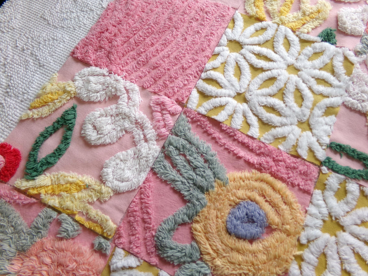 vintage chenille fabric squares, "autumn sunrise" set of 16 golden pink floral 6" quilt blocks for quilting, crafts, sewing