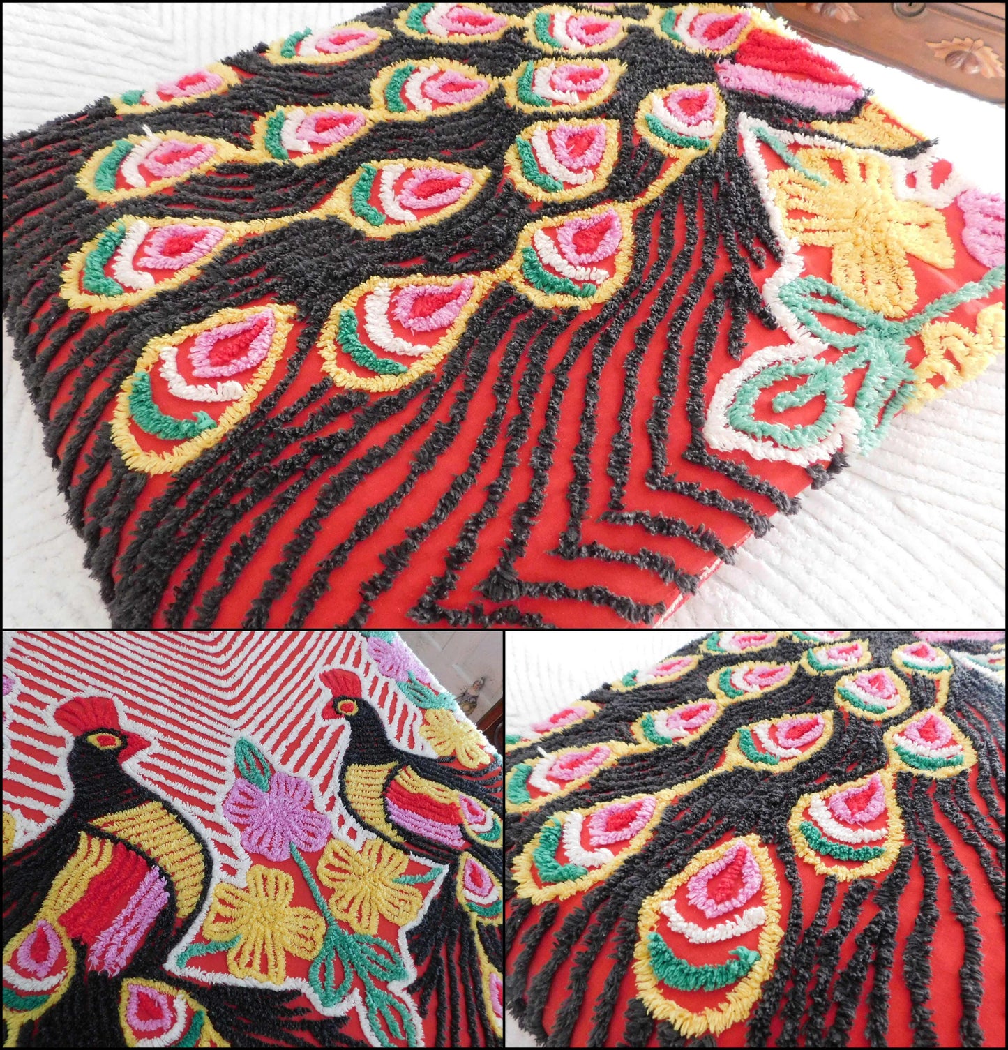 Vivid Red Peacock Vintage Chenille Bedspread, Rainbow Lovebirds with Gothic Black Feathers, 100% Cotton Full Size Bedding