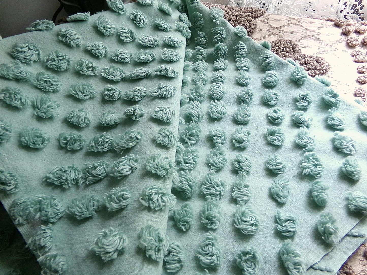 Vintage "Money Tree Green" Chenille Fabric, 20" x 25" inch Piece, Cute Puffy Dots, Great for Handmade Quilts, Crafts