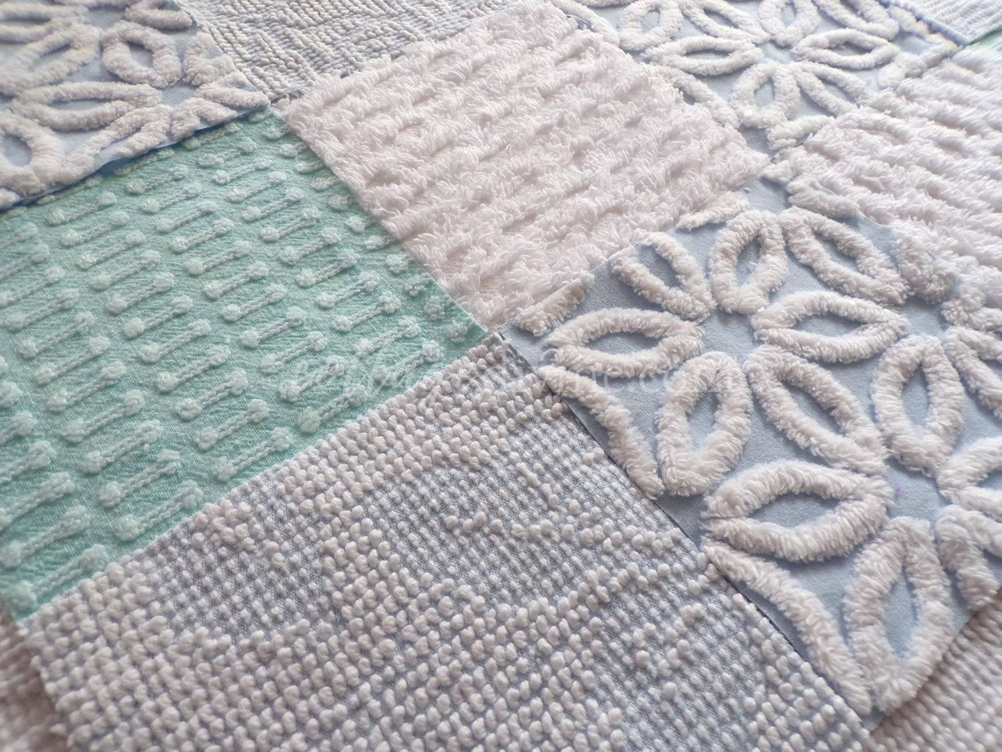 Barefoot on the Beach Chenille Quilt Squares Set from Vintage Bedspread Fabric, 16 Blocks, 6" x 6" inch, Coastal Blues & White