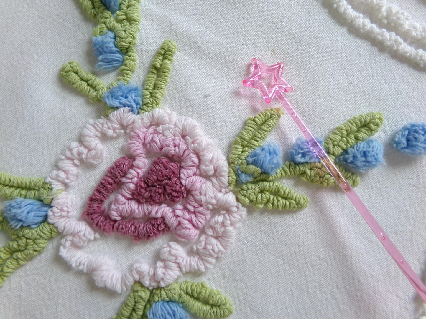 classic shabby style vintage chenille fabric, needletuft florals, blue pops, white cotton material, 22" x 24" piece for sewing, quilting