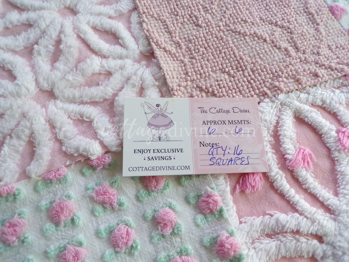 angel pinks vintage chenille fabric squares, rosebuds, daisy patterns, set of 16 quilting blocks, 6" x 6" each, pretty in patchwork pillows