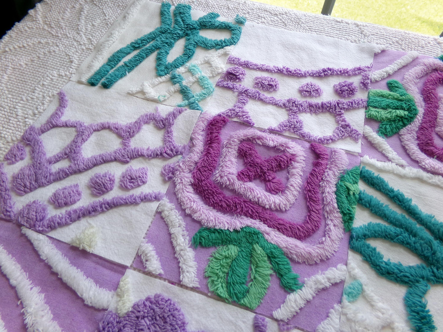 vintage chenille fabric squares: set of 16 lavender & lilacs, teal white cotton 6" quilt blocks