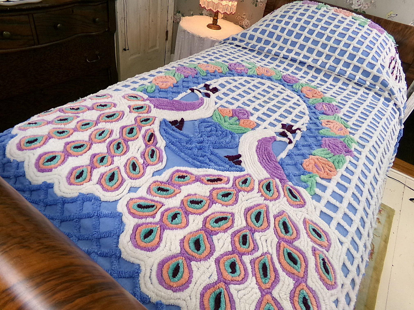 peacock vintage chenille bedspread, lovebirds under a sky blue flower garden trellis, luxury midcentury full size bedding