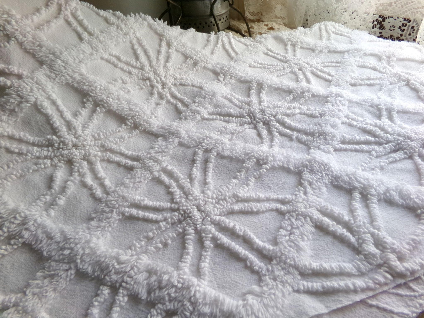 classy white chenille fabric, 3D windowpane webbing design, 20" x 25" inch piece of vintage sewing quilt material, versatile cool neutral