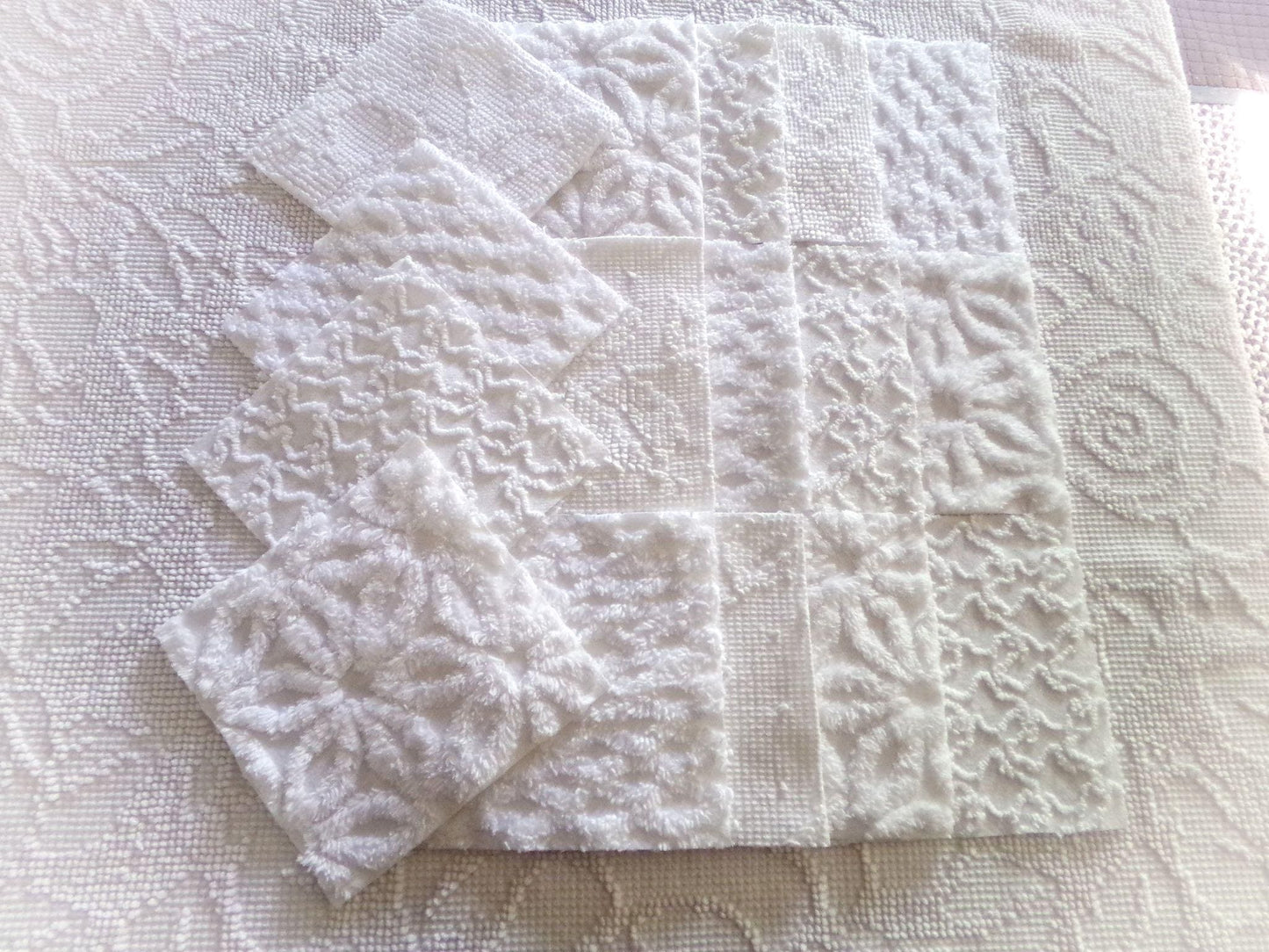 Snow Baby Chenille Fabric Squares Set of 16 White Quilt Blocks, 6" x 6" inches each, Diamond, Squiggle Daisy & Hobnail Texture Patterns