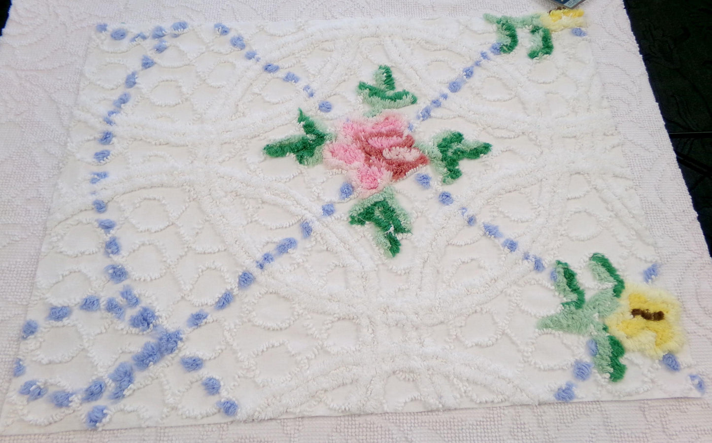 rose cottage vintage chenille fabric, floral design on white, 19" x 25" cut piece for arts & crafts