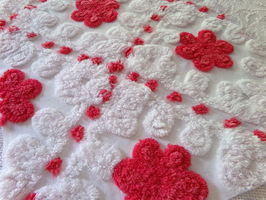 Shabby Red Flowers Vintage Chenille Fabric, 18" x 21" Inch Piece, Frosty White Plush Swirls, Ideal for Festive Crafts