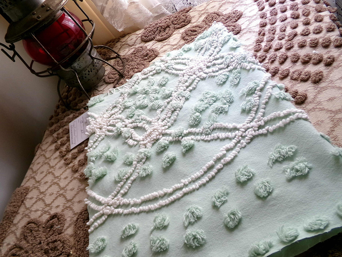 Creamy Mint Green Vintage Chenille Fabric, 20" x 13" inch Piece, White Wedding Ring & Dot Design, Great for Handmade Quilts, Crafts
