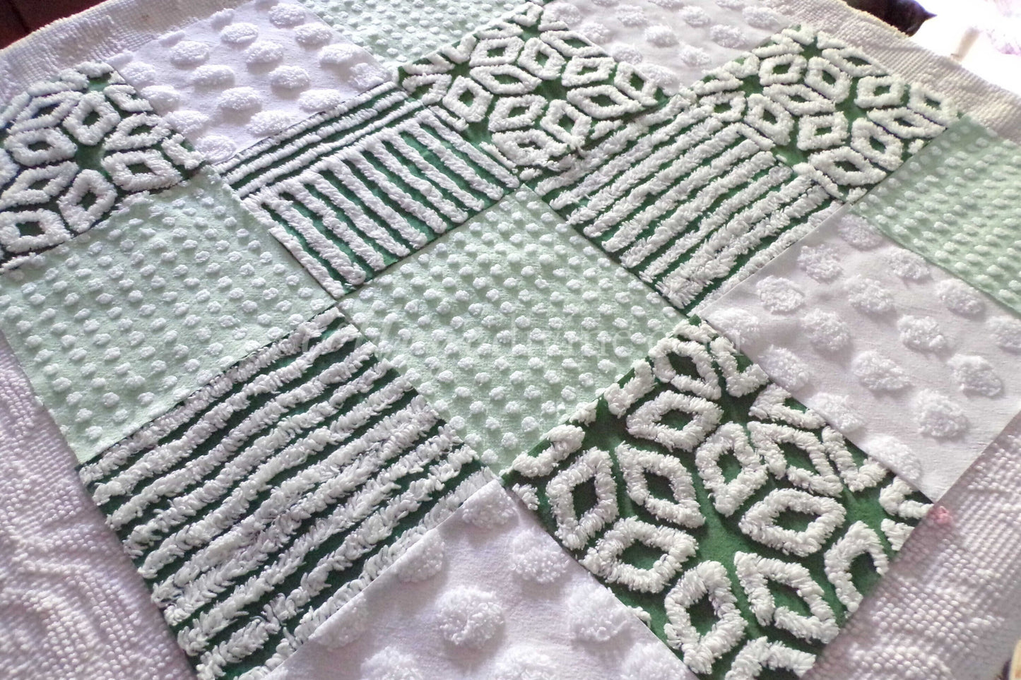 Lucky Star Quilt Squares Set, Rotary Cut from Vintage Chenille Bedspread Fabric, 16 Blocks, 6" x 6" inch, Green & White