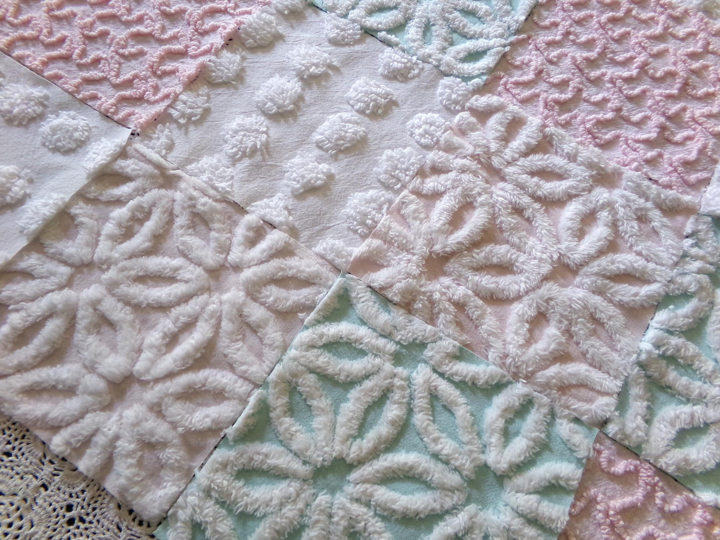 Beautiful Aqua & Pink Chenille Quilt Squares Set from Vintage Bedspread Fabric, 16 Blocks, 6" x 6" inch, Daisy, Squiggle, Polka Dot Patterns