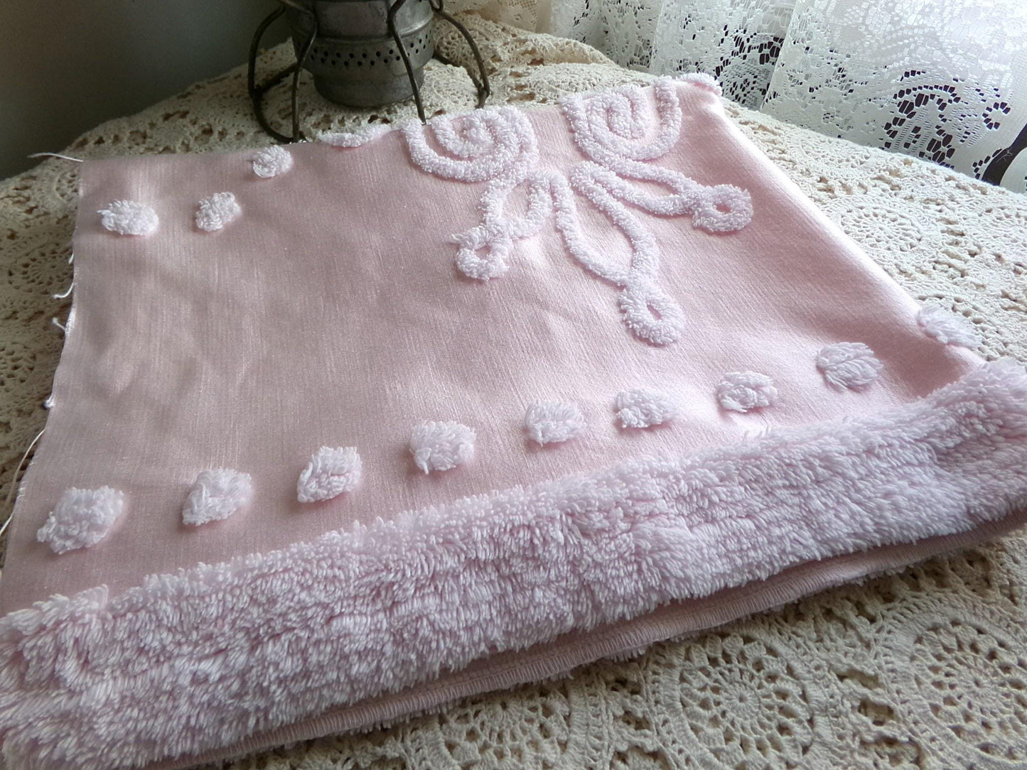 glamorous pink satin fabric piece with chenille tufting, 22" x 25" inch piece of luxury vintage sewing material for arts & crafts
