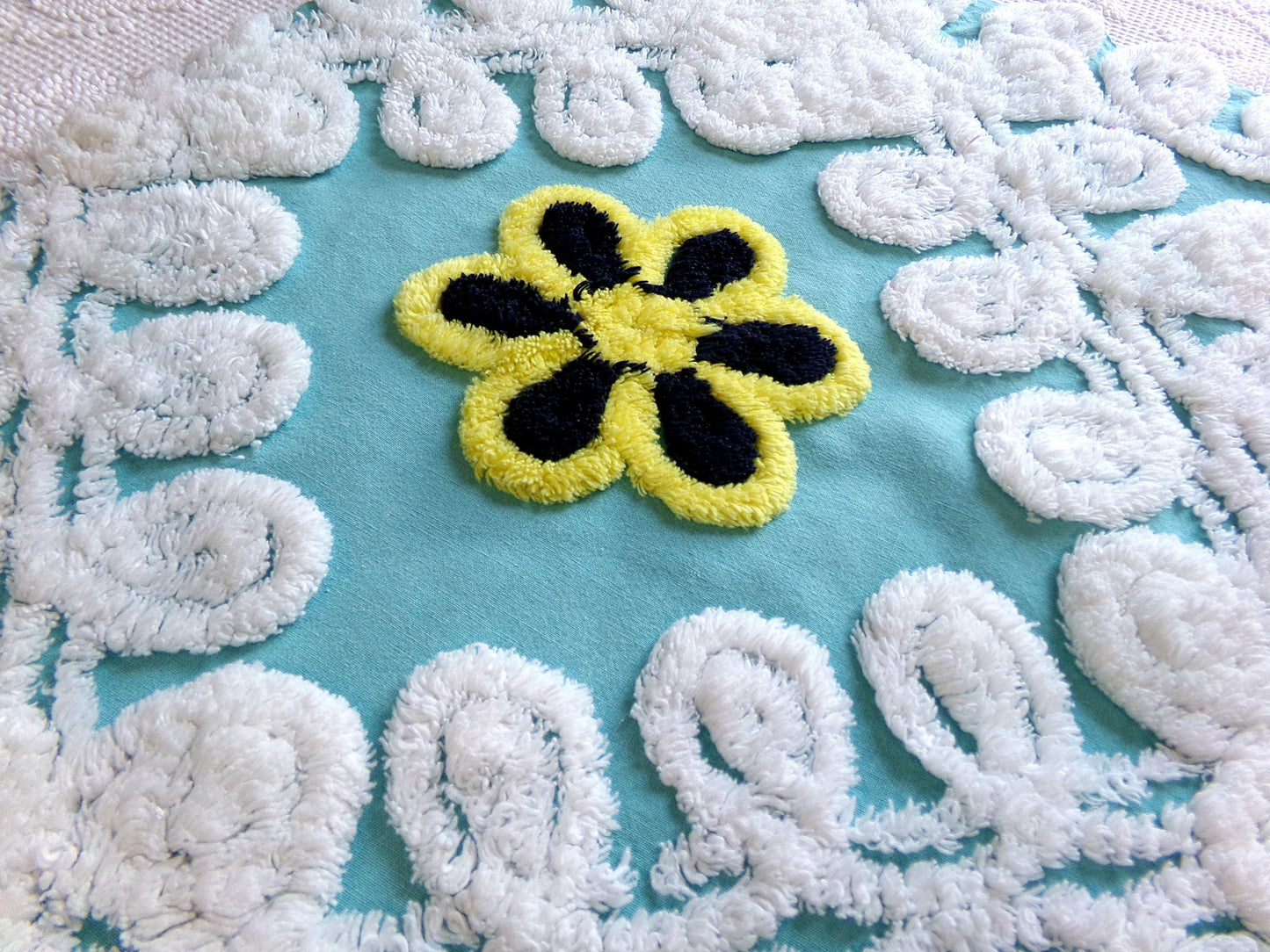 beach girl vintage chenille fabric, frothy white, seaglass blue, 20" x 25" piece of cotton sewing material for crafts, quilts, pillows