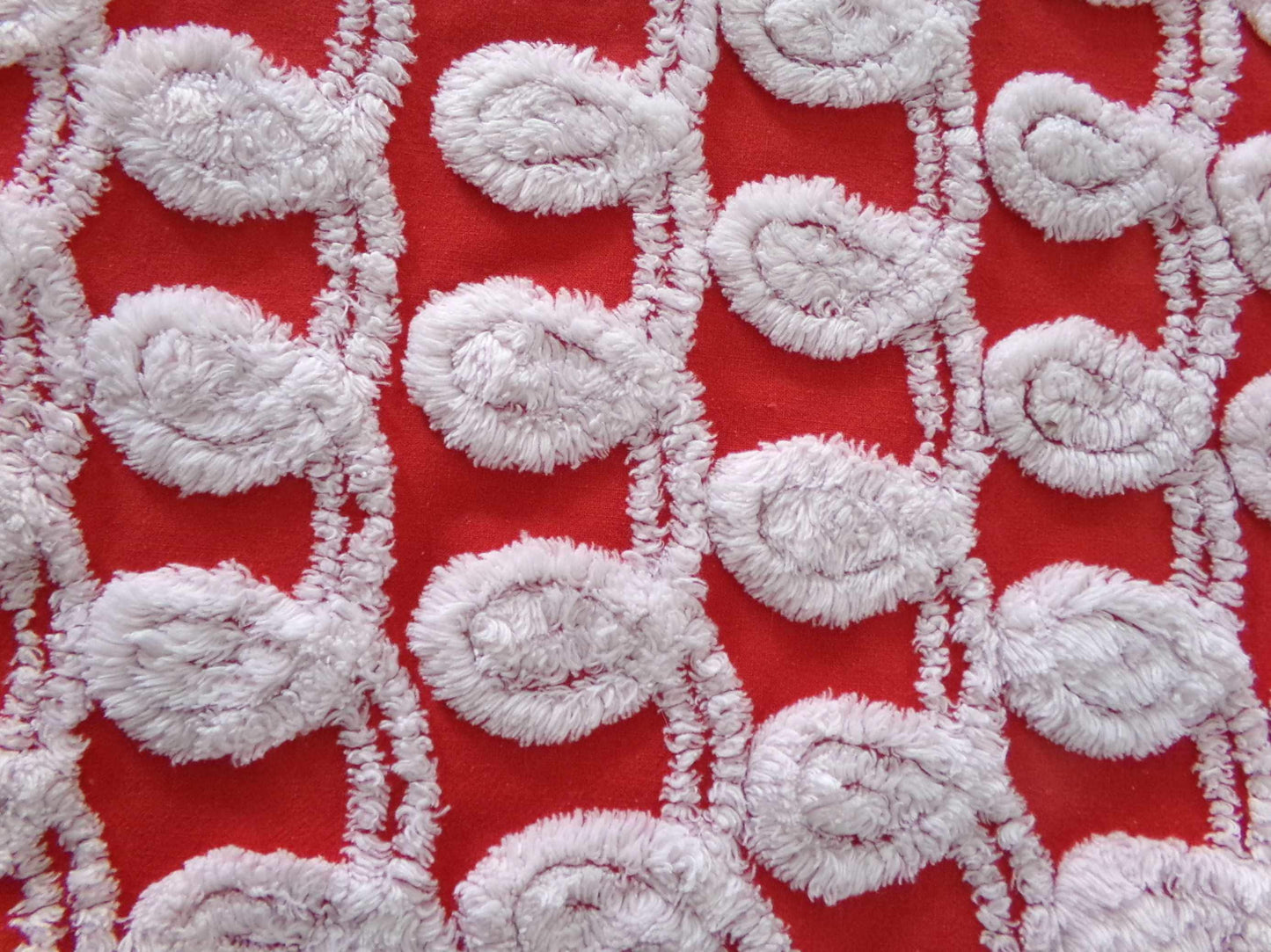 rare white curlicues on red fabric, 15" x 26" inch piece of vintage chenille bedspread material for sewing & quilting