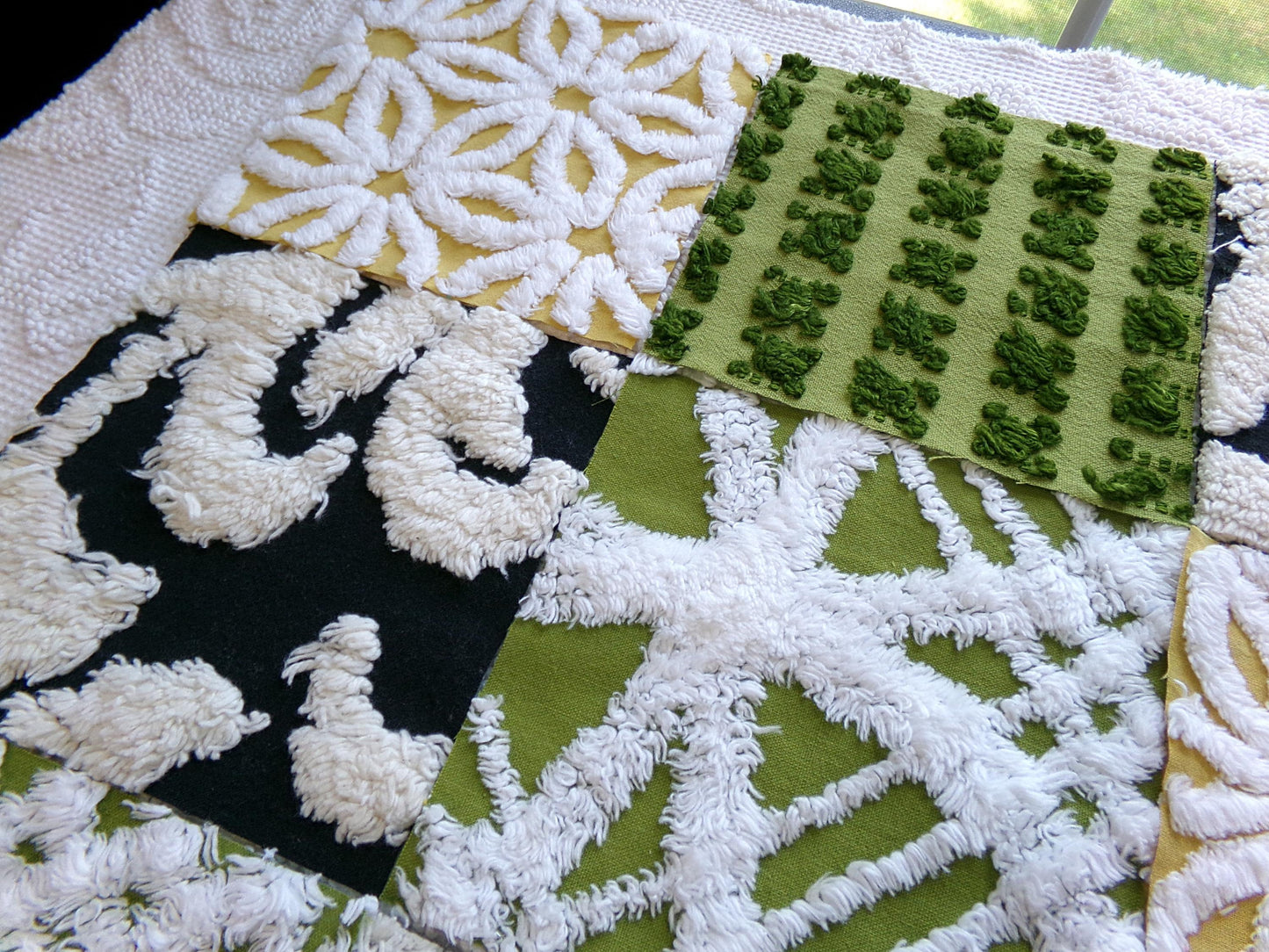 bewitching vintage chenille fabric squares, set of 16 black, green & gold 6" quilt blocks for crafts, sewing, diy pillow covers