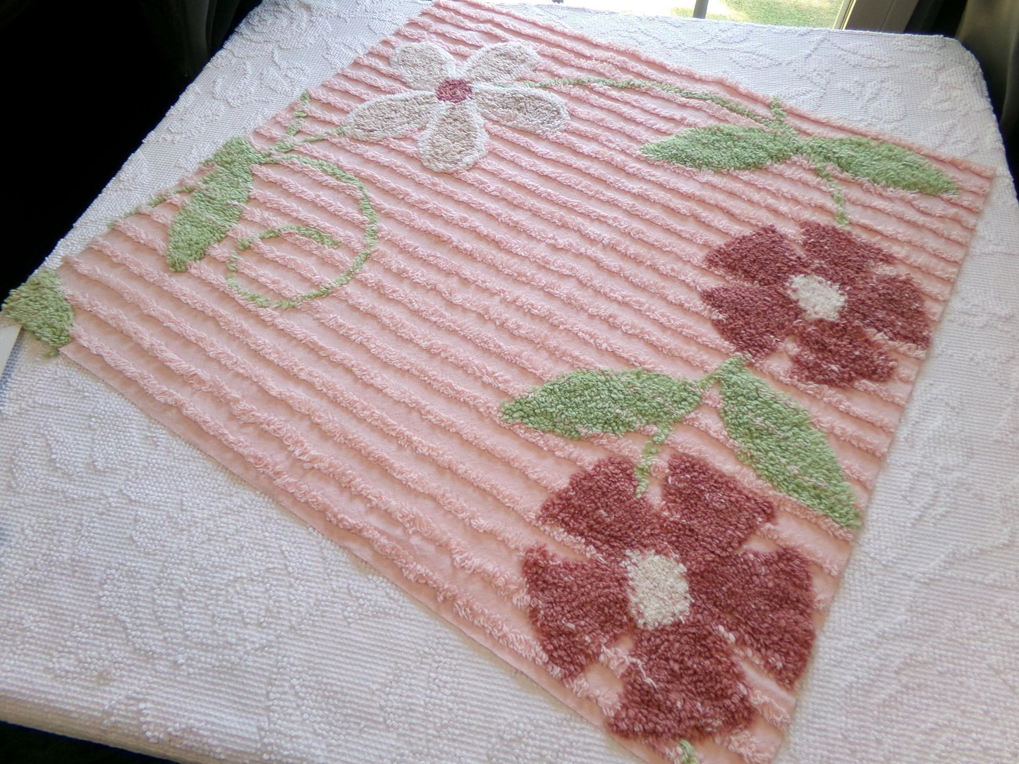 Rosy Pink Floral Vintage Chenille Fabric, Wideset Climbing Daisy Flower Design, 25" x 24" inch Piece of Cotton Sewing Material