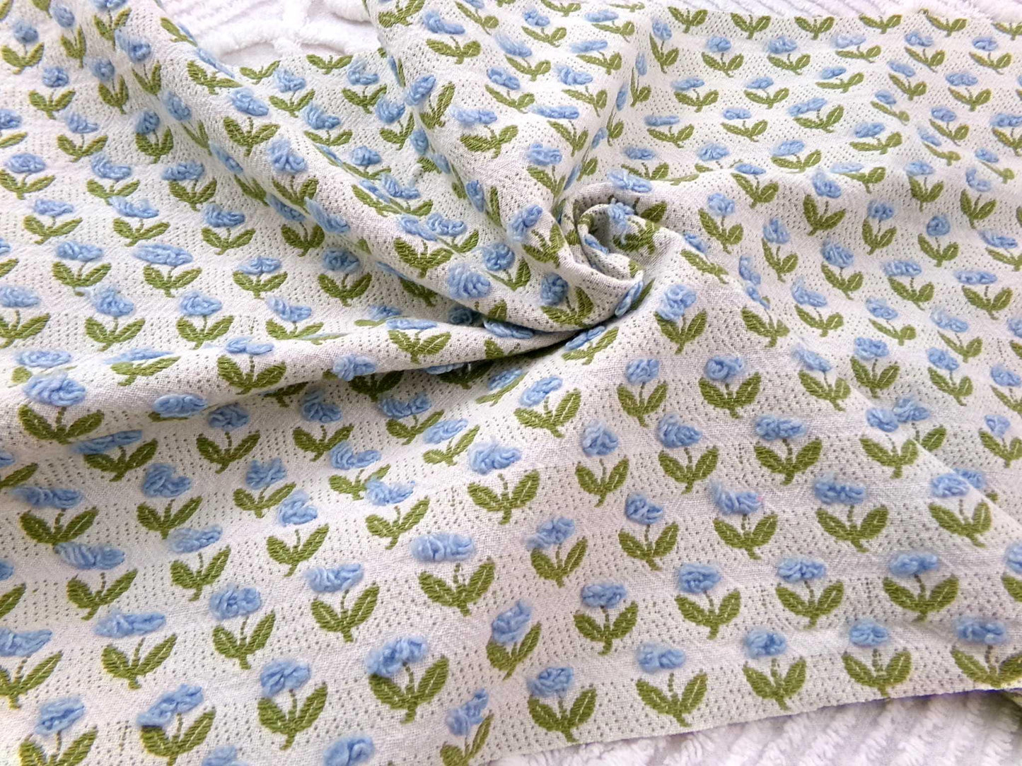 Tulip Garden Vintage Chenille Bedspread Fabric, Little Blue Flowers & Green Leaves, 12" x 24" inch Piece, Sewing Material for Quilts, Crafts