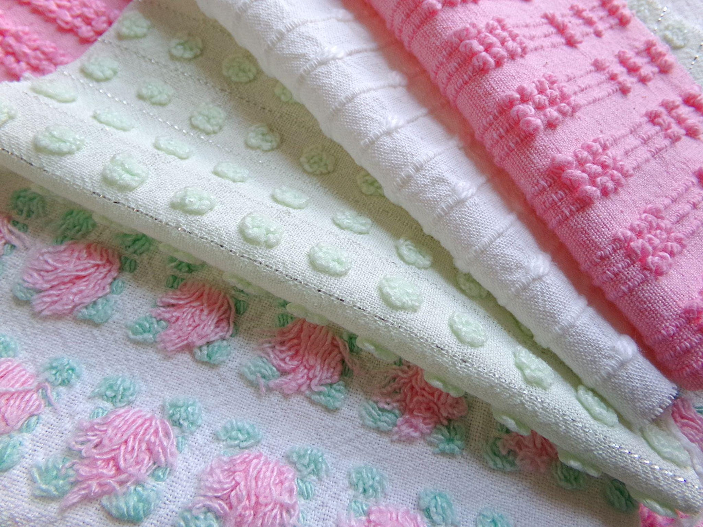 fairytale pink & green chenille fabric squares, set of 12 vintage 6" quilt blocks in crafty girl's dozen, popular squiggles, rosebud, dots