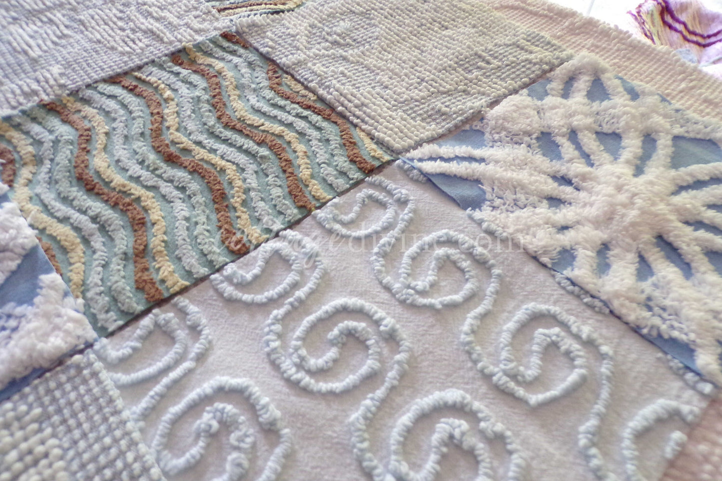 Breezy Blues Fabric Squares from Vintage Chenille Bedspread Fabrics, 17 Blocks Set, 6" x 6" inch, for Slow Stitching, Junk Journals, Quilt