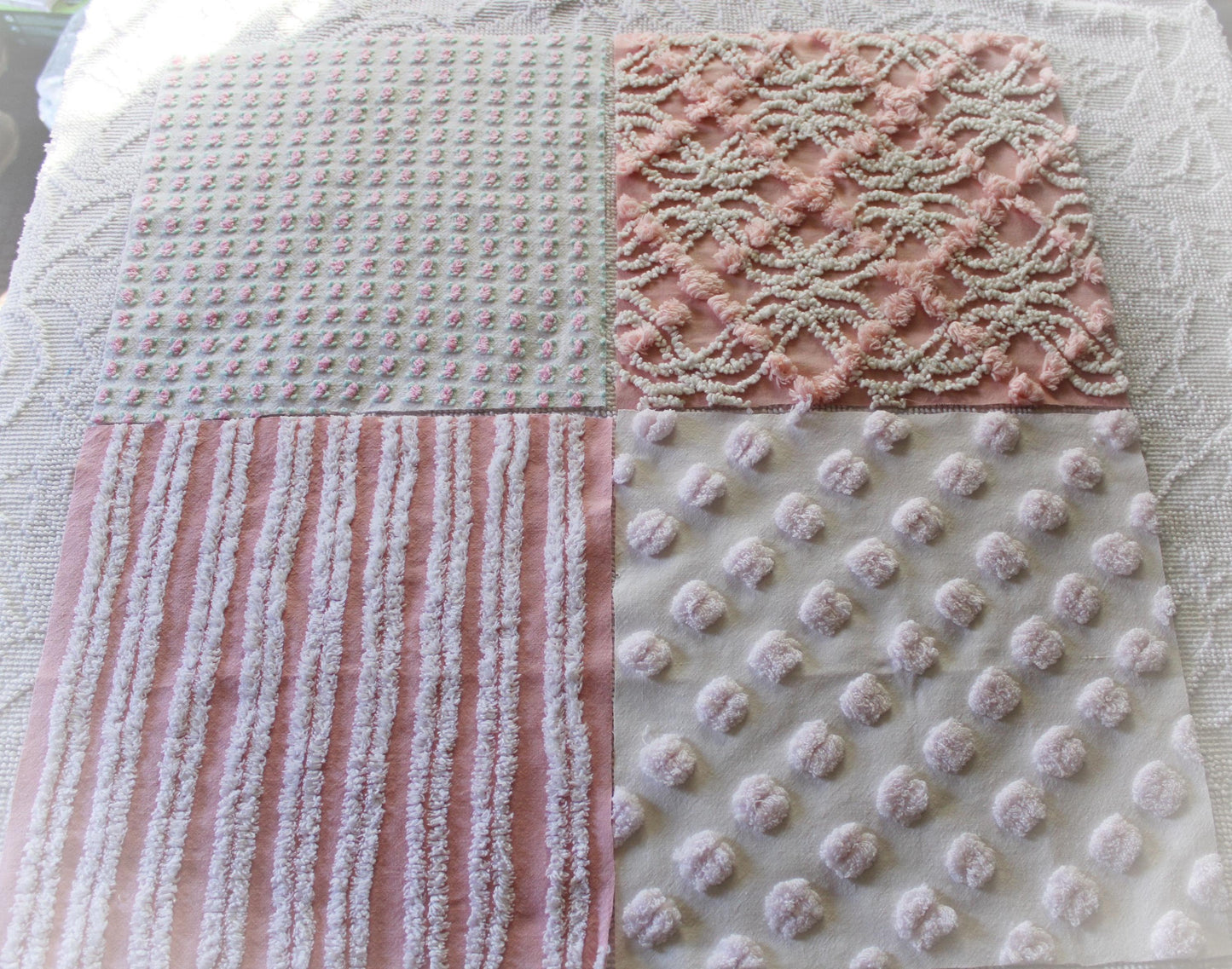 tickle me pink chenille fabric squares, set of 4 vintage large quilt blocks 12" inches ea, rosebud, pops, stripes, infinity tuft