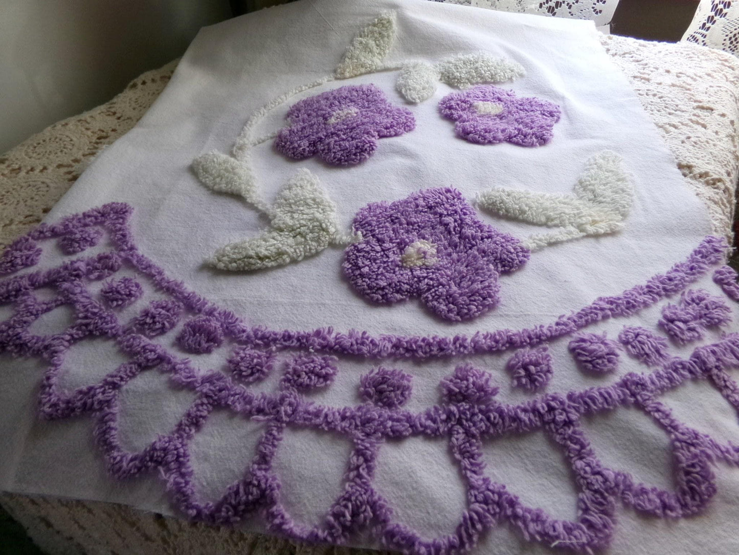Spring Lilac Wreath Vintage Style Chenille Fabric, 20" x 28" inch piece, Pretty in DIY Pillows