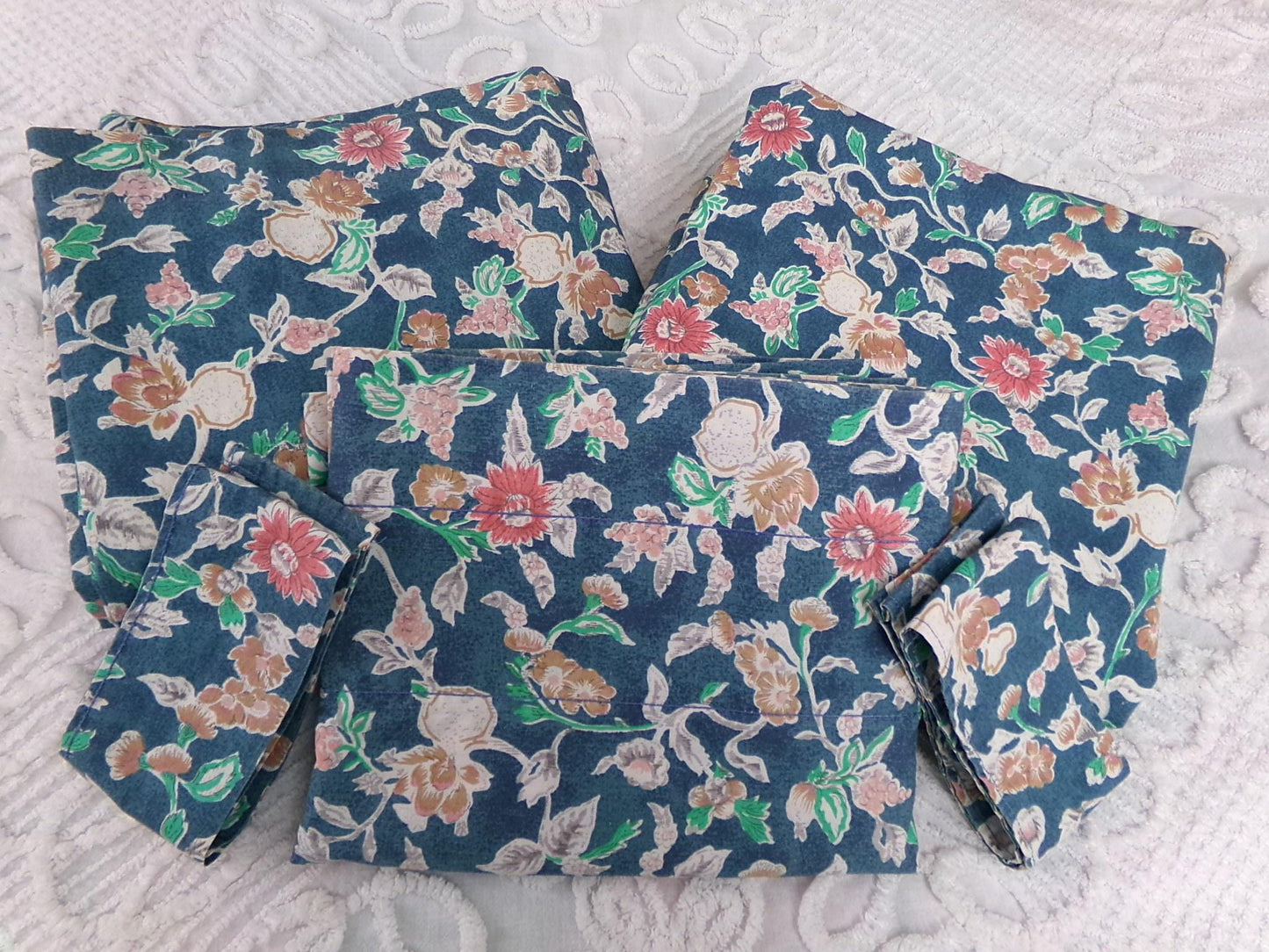 Ralph Lauren Curtain Set in Iconic Jardin Floral, Vintage Pair of Blue 1990s Window Drapery Panels, Valance & Tiebacks, Cotton, Made in USA