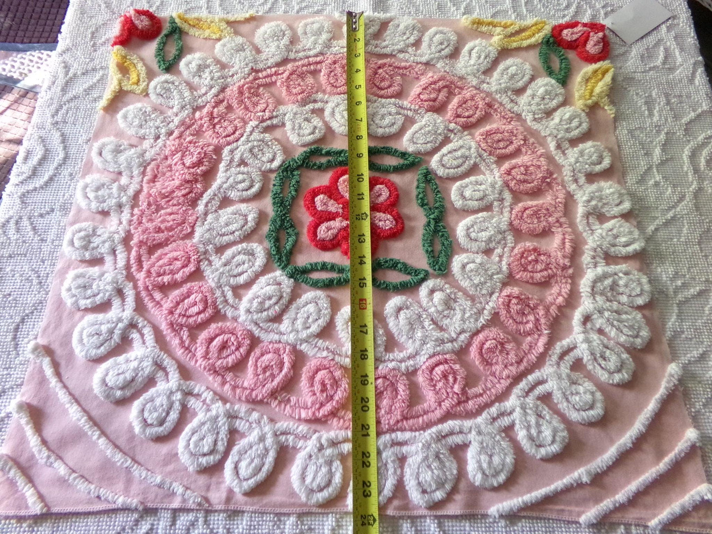 pink & white frosted cake chenille fabric, vintage 1950s sewing material for quilting and crafts, 24" x 23" inch piece with single rose
