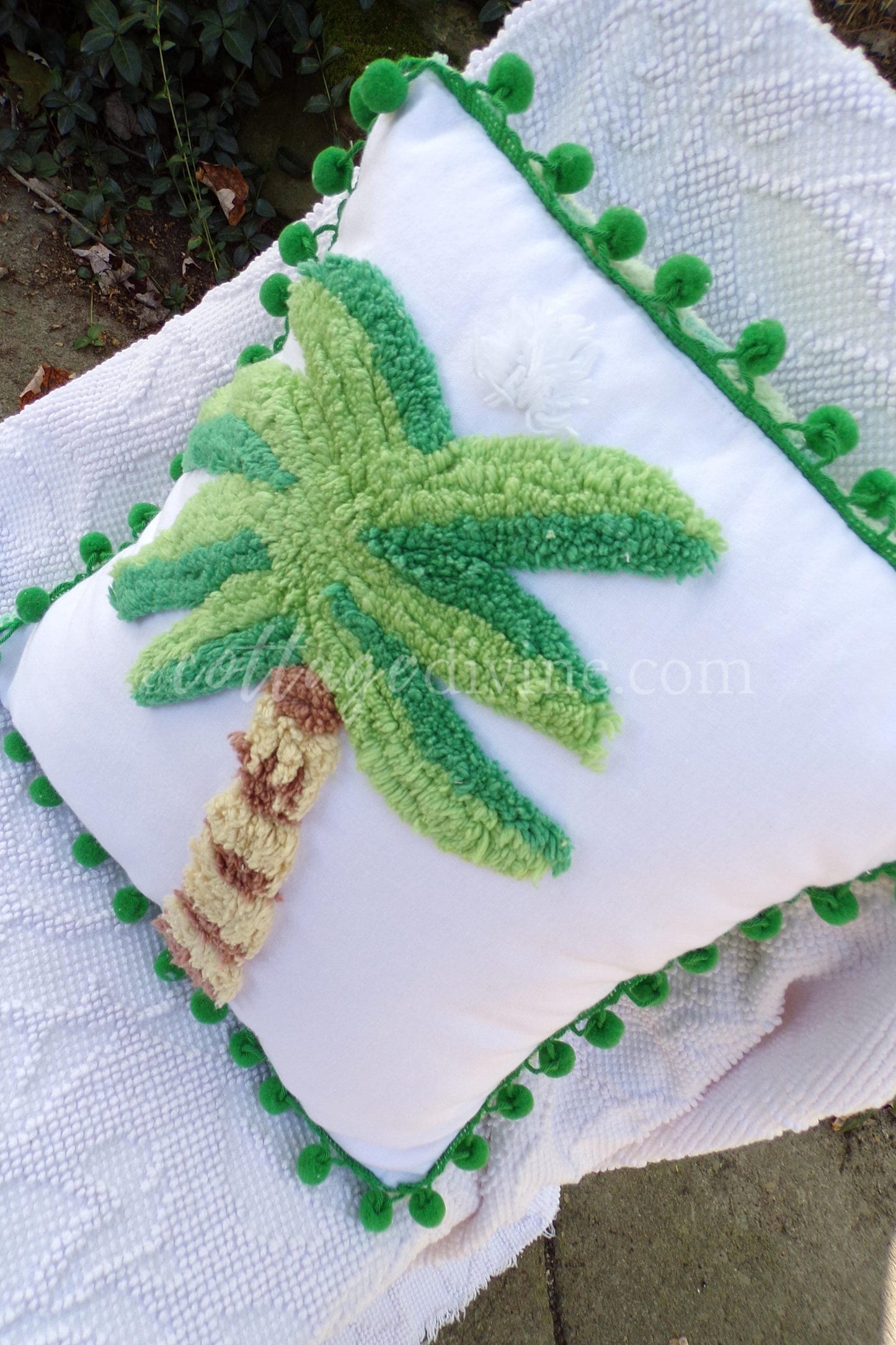 Tropical Bungalow Vintage Chenille Pillow Cover 12" x 12" inch Square, REVERSIBLE Palm Tree Design Accent Pillow & Insert with Pom Pom Trim