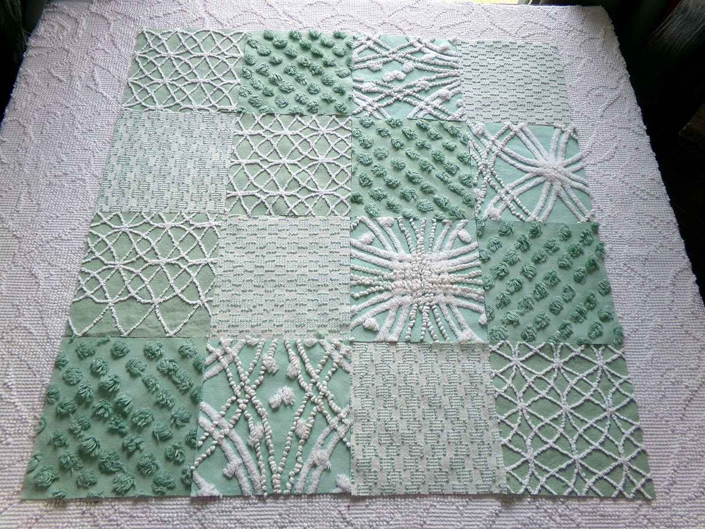 gorgeous green chenille fabric squares, set of 16 vintage 6" craft blocks, geometric designs for quilt inlays, pillows, fiber arts